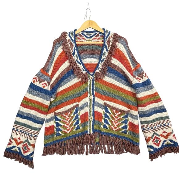 Peruvian Connection High Plains Knit Jacket M/L Baby Alpaca Cotton Fringe Boho - Picture 1 of 16